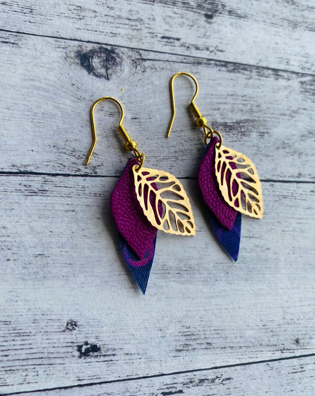 Fabric/leather/leaf earrings - burgundy
