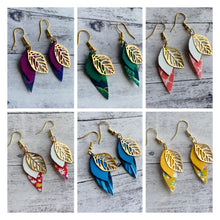 Load image into Gallery viewer, Fabric/leather/leaf earrings - mustard rose
