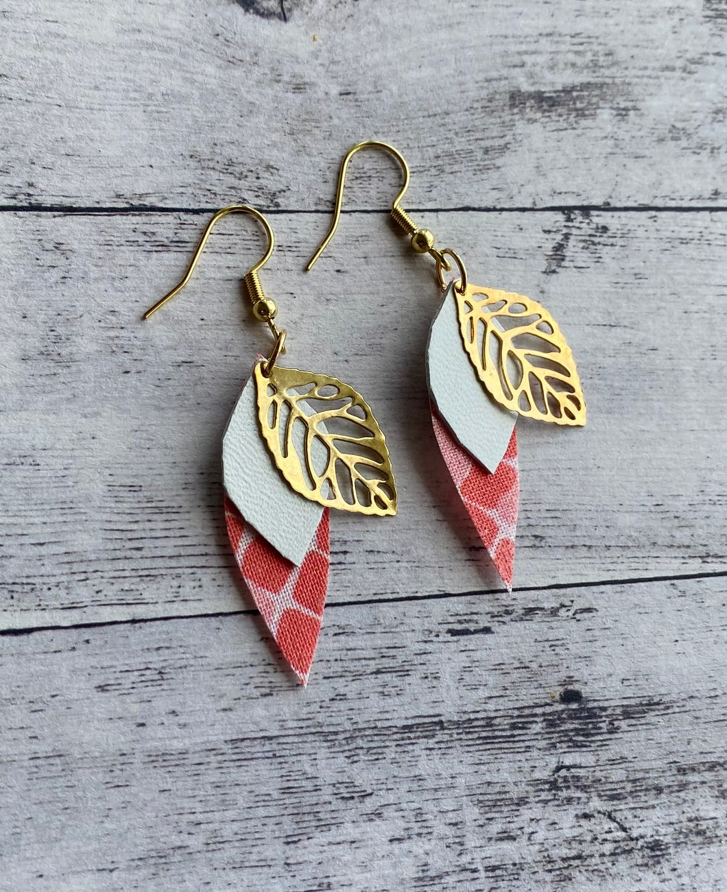 Fabric/leather/leaf earrings - coral