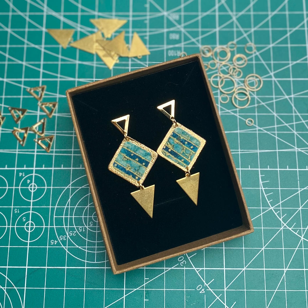 Gold triangle leather & fabric earrings