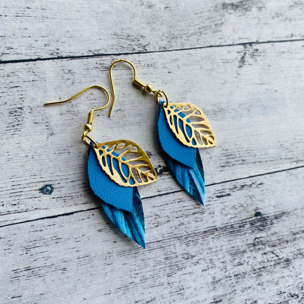 Fabric/leather/leaf earrings - blue peacock
