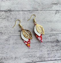Load image into Gallery viewer, Fabric/leather/leaf earrings - red bloom
