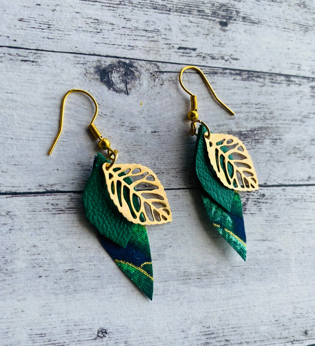 Fabric/leather/leaf earrings - peacock