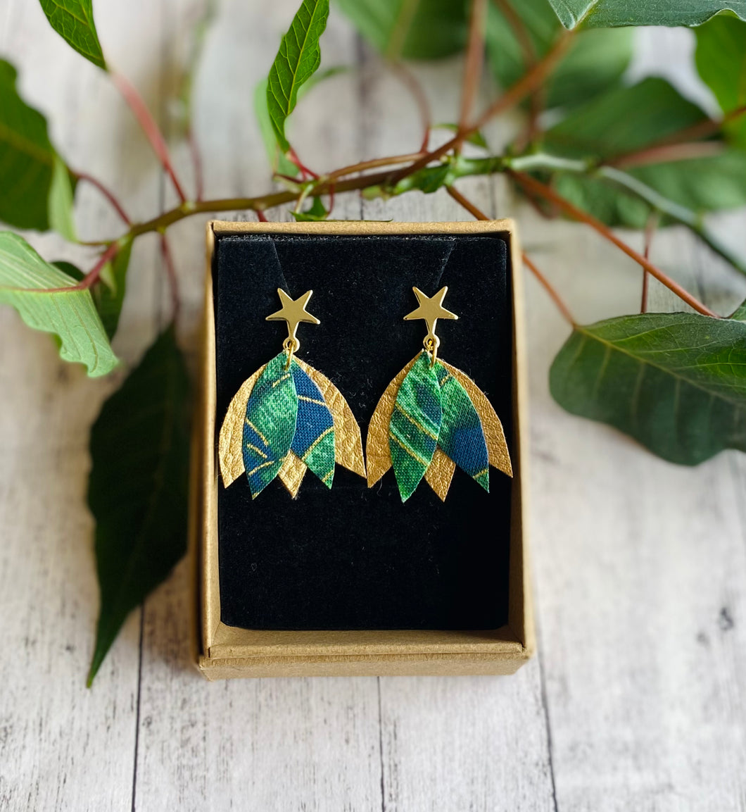GG Designs fabric earrings bgreen peacock print gold leatherette gold star stud findings make from recycled materials recycled handbags irish sustainable jewellery Irish jewellery designs