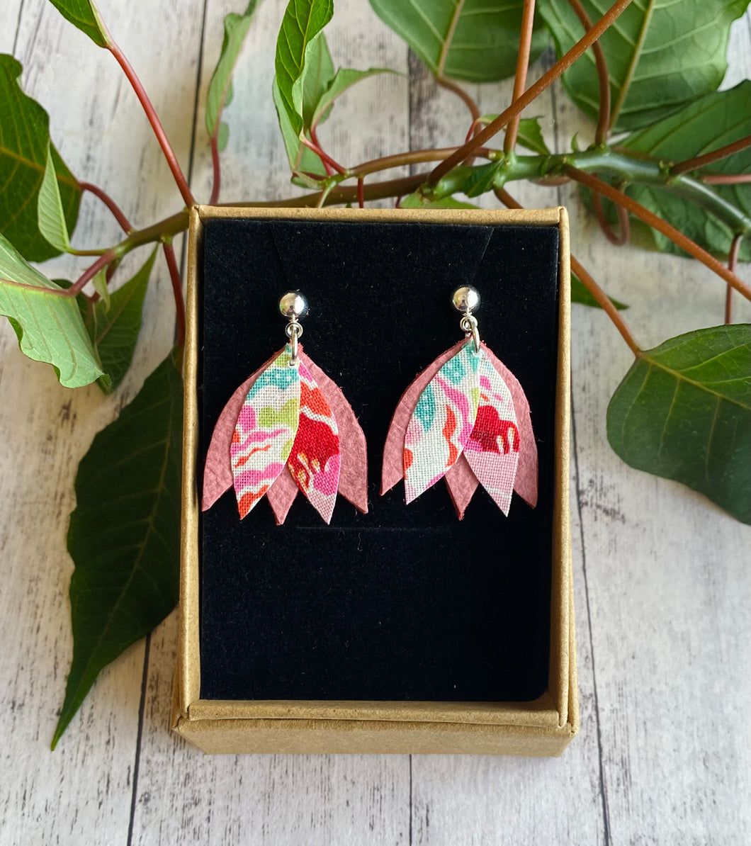 GG Designs fabric earrings pink floral print pink leather silver plated ball stud findings  make from recycled materials recycled handbags irish sustainable jewellery Irish jewellery designs
