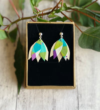 Load image into Gallery viewer, GG Designs fabric earrings purple green and white geometric fabric white leather silver plated ball stud findings  print gold leatherette make from recycled materials recycled handbags irish sustainable jewellery Irish jewellery designs
