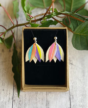 Load image into Gallery viewer, GG Designs fabric earrings pastel rainbow print fabric white leather silver plated ball stud findings  gold leatherette make from recycled materials recycled handbags irish sustainable jewellery Irish jewellery designs
