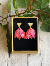 Load image into Gallery viewer, GG Designs fabric earrings pink print pink leather gold heart stud finding leatherette make from recycled materials recycled handbags irish sustainable jewellery Irish jewellery designs
