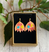Load image into Gallery viewer, GG Designs fabric earrings coral colour coral print gold leatherette make from recycled materials recycled handbags irish sustainable jewellery Irish jewellery designs
