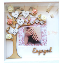 Load image into Gallery viewer, Gorgeous engagement side trees.  Personalised with the couples names, date and place. Photo can also be added, e-mail me directly for this preference.  Can be made in a wide variety of colours.

