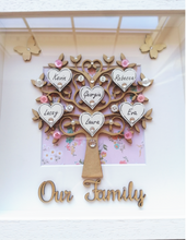 Load image into Gallery viewer, Framed family tree.   Beautifully presented in a 10x10&quot; Irish made box frame. Available in a wide variety of colours. Max amount of hearts on this size is 12. Contact me directly via e-mail to discuss larger sized trees. 
