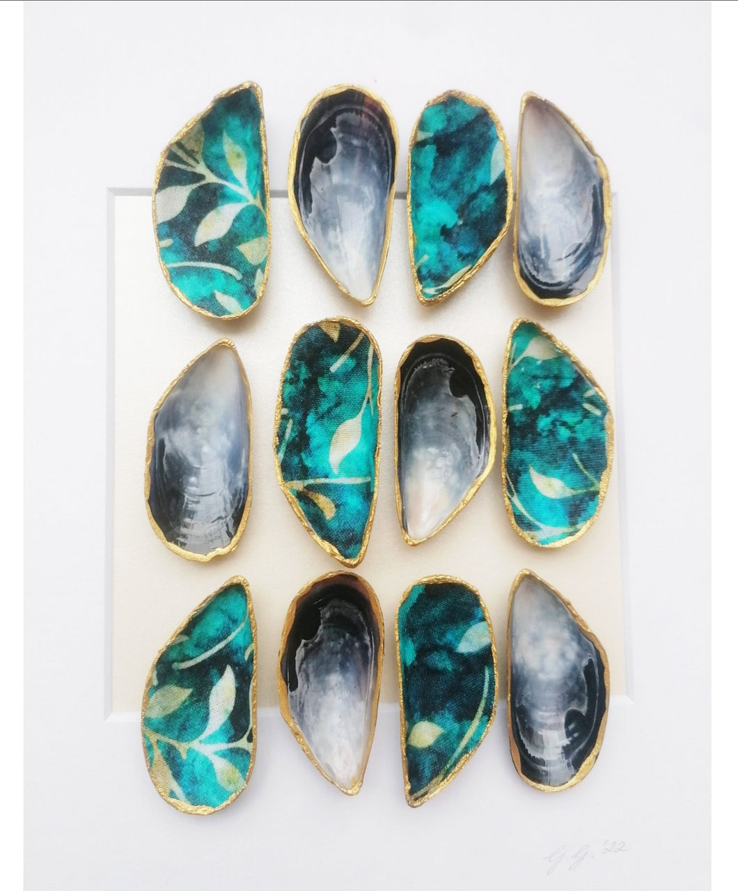shell art Irish design Irish craft made local handmade in Ireland mussel shells fabric unique gift new home gift colourful art teal and gold 