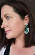 Load image into Gallery viewer, Silver Fabric Shell Earrings - emerald green semi circular disk
