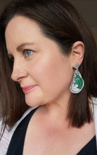 Load image into Gallery viewer, Silver Fabric Shell Earrings - emerald green with disk
