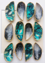 Load image into Gallery viewer, fabric shells shell art Irish design Irish craft mussel shells teal and gold handmade in Irelland unique gift colourful art art for your wall new home gift 
