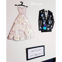 Load image into Gallery viewer, A stunning crystal and button bride and groom design. This wedding dress and tux design is a truly unique wedding gift. Beautifully presented in a black or white Irish made box frame.  The perfect wedding day gift. 
