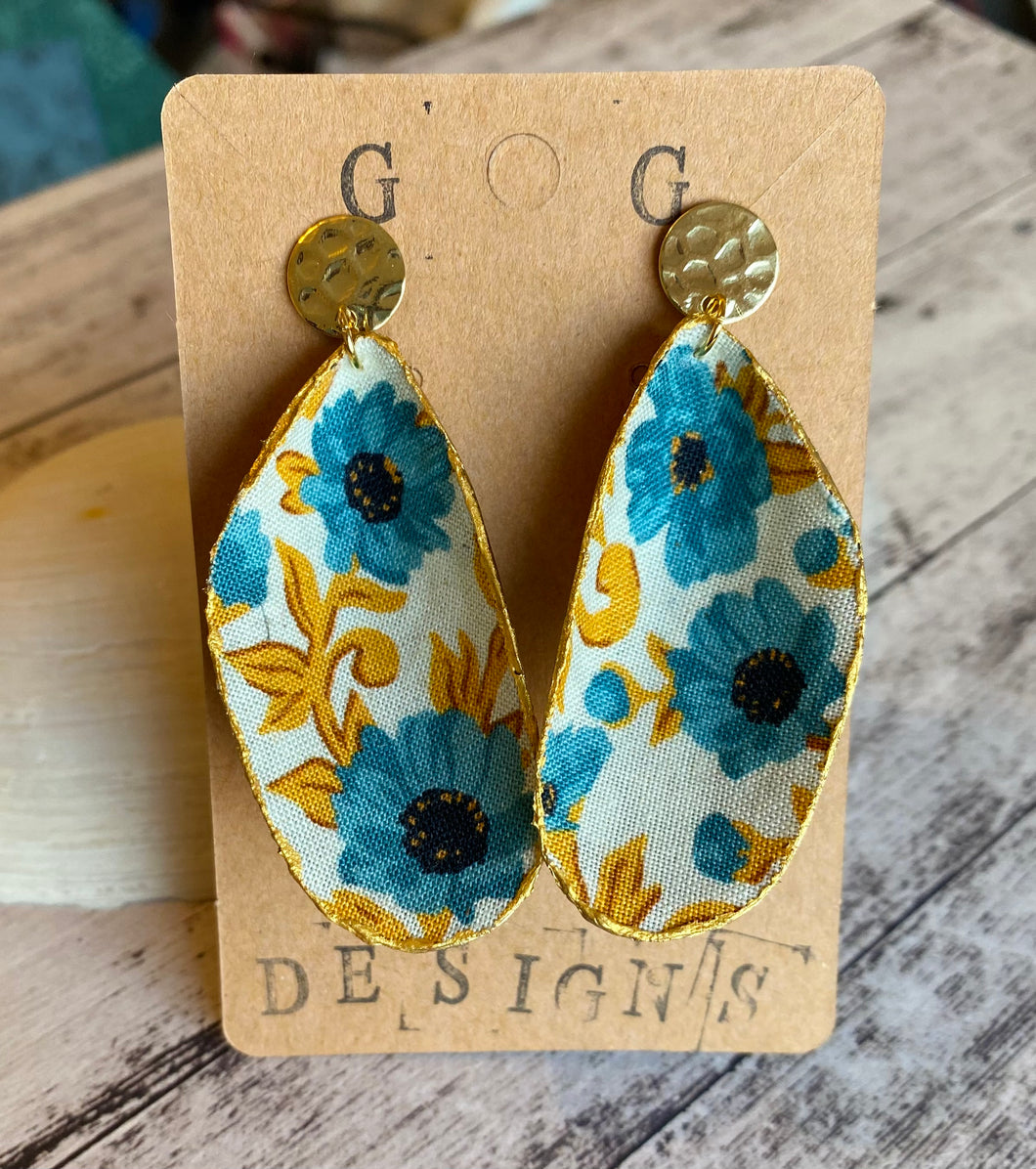 Fabric shell earrings - blue & gold rose