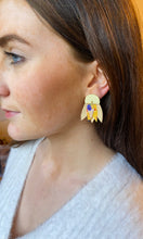 Load image into Gallery viewer, the kiss Gustav Klimpt handmade earrings fabric recycled mobile phone case gold plated hypoallergenic JoJo design handmade in Ireland unique design Irish design Irish jewellery designer sustainable design stylish
