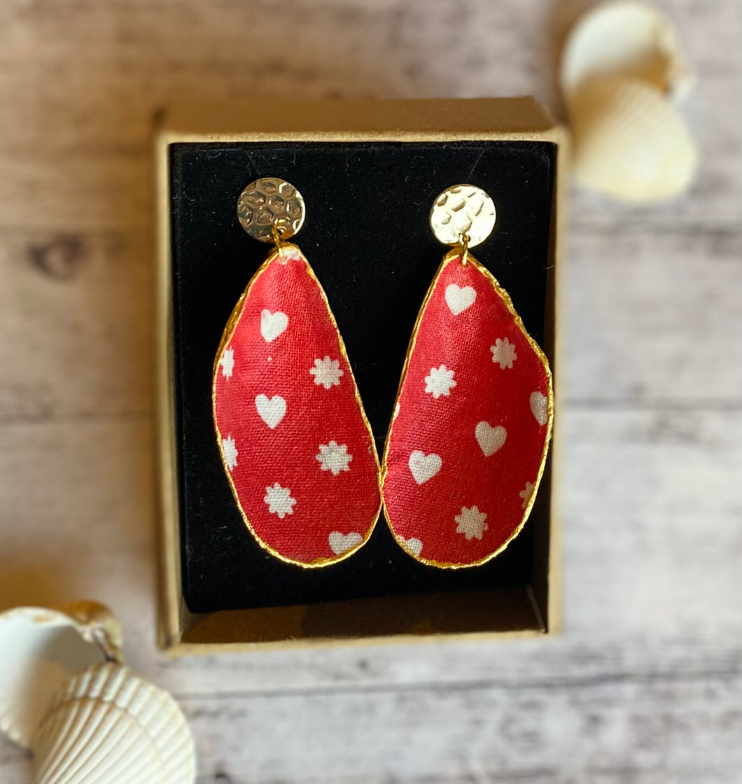 Fabric shell earrings - cherry hearts
