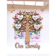 Load image into Gallery viewer, Framed family tree.   Beautifully presented in a 10x10&quot; Irish made box frame. Available in a wide variety of colours. Max amount of hearts on this size is 12. Contact me directly via e-mail to discuss larger sized trees. 

