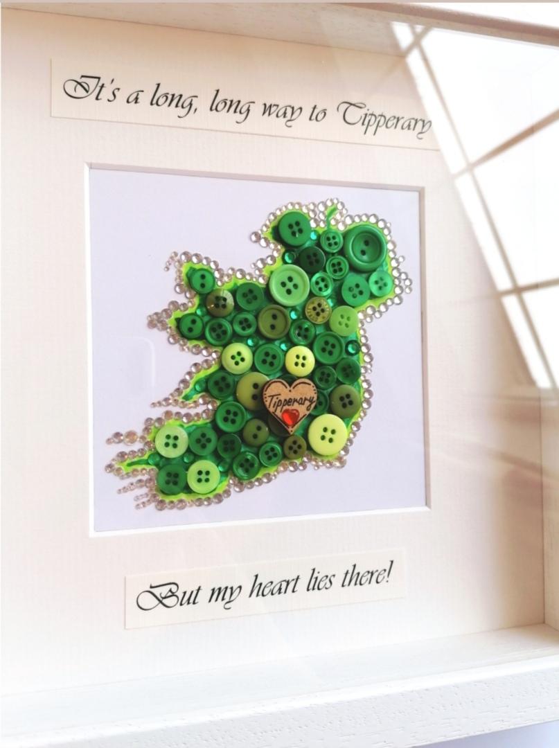 Handmade framed button and crystal map of Ireland. Send a little bit of Ireland to a loved one living abroad.   Beautifully presented in a 10x10