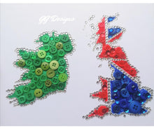 Load image into Gallery viewer, Two maps button design. Ireland and the UK are presented together in this 10 x10&quot; Irish made box frame. The maps are made up using tiny crystals, buttons and star embellishments.   Place names can be added to both maps written in wooden hearts. Personalised text can also be added to the top of the maps, the bottom or both. Please inform me of these details in the custom message box.

