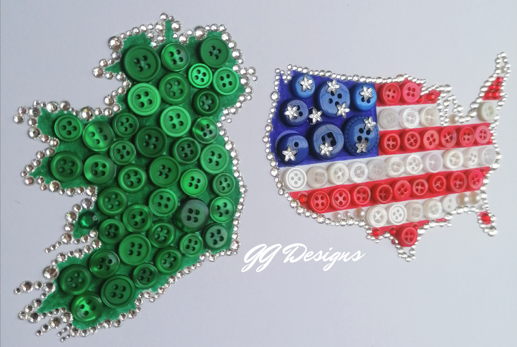 Two maps button design. Ireland and USA are presented together in this 10 x10
