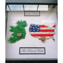Load image into Gallery viewer, Two maps button design. Ireland and USA are presented together in this 10 x10&quot; Irish made box frame. The maps are made up using tiny crystals, buttons and star embellishments.   Place names can be added to both maps written in wooden hearts. Personalised text can also be added to the top of the maps, the bottom or both. 
