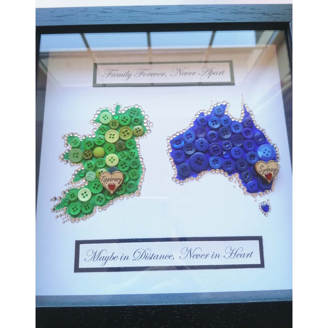 Two maps button design. Ireland and Australia are presented together in this 10 x10