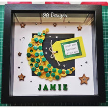 Load image into Gallery viewer, The cutest button moon designs are available for a boy, girl or neutral. Beautifully presented in a 10x10&quot; Irish made box frame.   If for a new baby gift, the child&#39;s name and date of birth can be added. Please add these details into the custom message box.  The neutral design can have a quote or lyric added to it.
