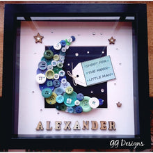 Load image into Gallery viewer, The cutest button moon designs are available for a boy, girl or neutral. Beautifully presented in a 10x10&quot; Irish made box frame.   If for a new baby gift, the child&#39;s name and date of birth can be added. Please add these details into the custom message box.  The neutral design can have a quote or lyric added to it.
