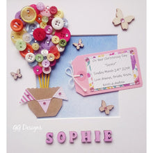 Load image into Gallery viewer, Personalised new baby gift. A super cute button hot air balloon loving handmade here in Co. Tipperary, Ireland. This colourful creation would be perfect in a nursery. Each balloon is individually made so no two are ever the same.    Beautifully presented in an Irish made box frame.    Suitable for a boy or girl.  A lovely christening gift.
