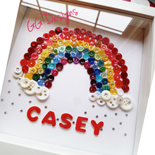 Load image into Gallery viewer, A super cute button rainbow design. This design comes beautifully presented in an Irish made 10x10&quot; box frame. A beautiful personalised gift handmade right here in Ireland.   A perfect new baby gift or happy birthday gift. A gorgeous colourful addition to any nursery or child&#39;s bedroom.
