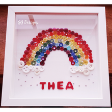 Load image into Gallery viewer, A super cute button rainbow design. This design comes beautifully presented in an Irish made 10x10&quot; box frame. A beautiful personalised gift handmade right here in Ireland.   A perfect new baby gift or happy birthday gift. A gorgeous colourful addition to any nursery or child&#39;s bedroom.
